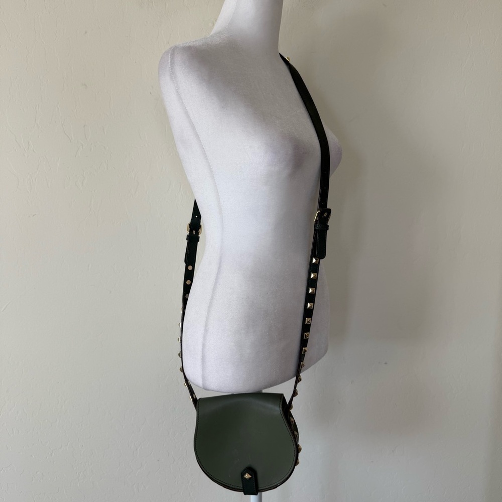 Rebecca Minkoff Mini Skylar Olive Green Gold Studded Cross Body Saddle Bag Purse - Picture 2 of 9